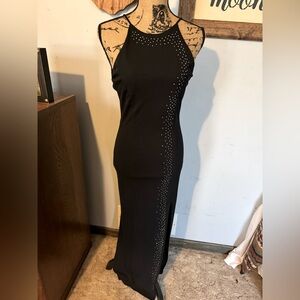 Black Open Back Sheath Dress with Bedazzled Side Slit